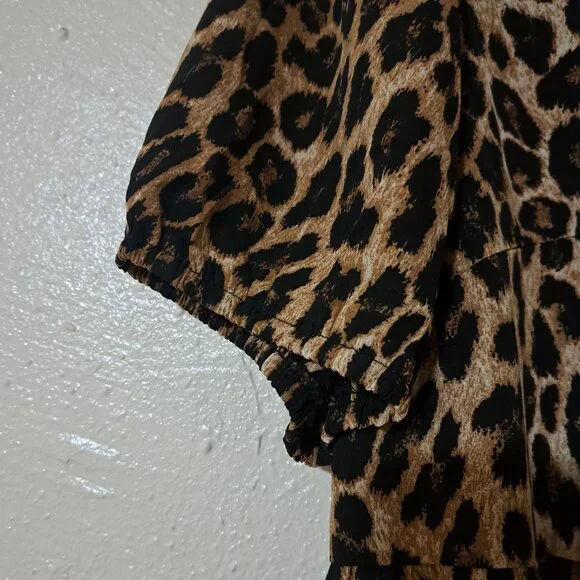 039) Shein Curve OXL Womens Leopard Baby Doll Dress Brown Animal Print Collared - Picture 3 of 3